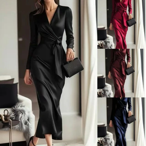 Women's Elegant Satin Long Sleeve V Neck Wrap Dress Hepburn Style Tie Waist High Waist Solid Color Maxi Dress For Party Banquet