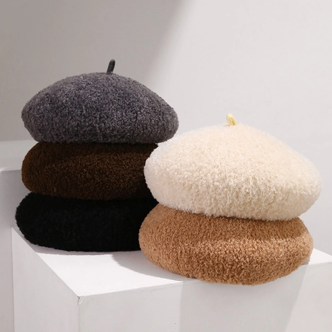 Women Beret Hat Lamb Wool Solid Color Warm Winter Korean Fashion Sweet Artist Cap Decorative Top Loop