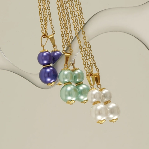 Women Pendant Necklace 18K Gold Plated Stainless Steel With Double Faux Artificial Pearl Gourd Shape Elegant Fashion Jewelry
