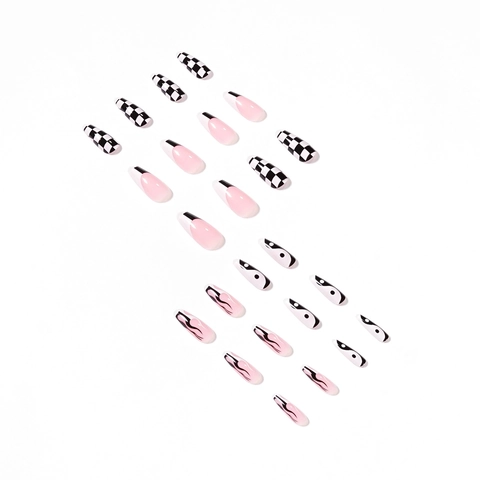 Faux Ongles Longs Coffin Motif Flamme Yin Yang Damier Rose Noir Blanc Design Mixte Cool Girl Manucure DIY