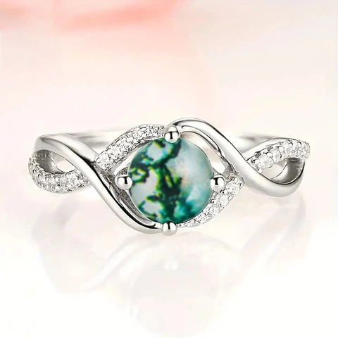 Round Moss Agate Ring Copper With Cubic Zirconia Infinity Twist Band Retro Elegant Jewelry For Women Engagement Gift