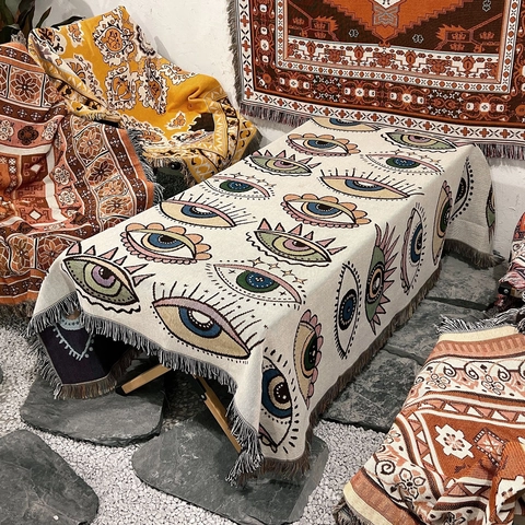 Bohemian Evil Eye Throw Blanket Cotton Knitted Tassel Fringe Multi Use Camping Picnic Sofa Cover Ethnic Decor