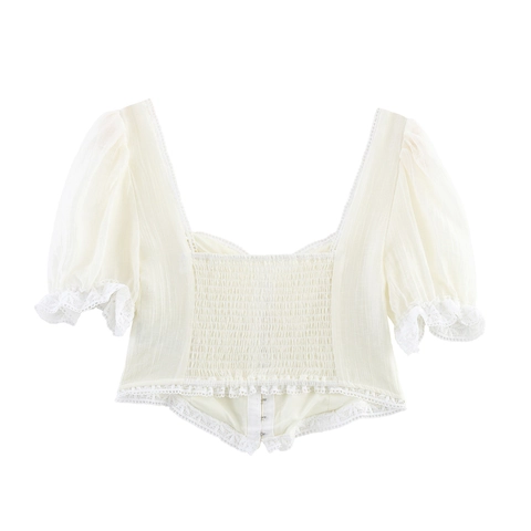 Camicetta Retro Francese Con Scollo Quadrato E Maniche A Sbuffo Donna Finiture In Pizzo Corta Con Bottoni Top Dolce