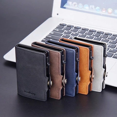 Porta Carte Uomo Blocco RFID Pelle PU Lega Di Alluminio Pop Up Automatico Portafoglio Business Sottile Antifurto