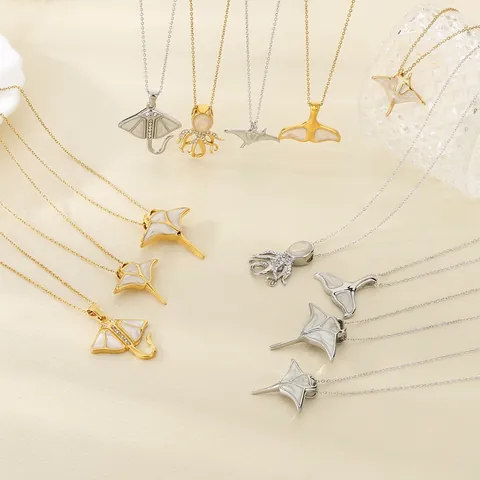 Ocean Creature Pendant Necklace Stainless Steel Mother Of Artificial Pearl Shell Octopus Whale Tail Manta Ray Women Summer Jewelry
