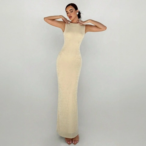 Abito Maxi Senza Maniche Schiena Scoperta Da Donna Slim Fit Girocollo Velluto Spacco Laterale Sexy Elegante Festa Albicocca