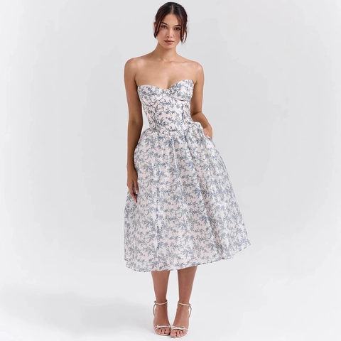 Elegant Strapless Midi Dress For Women Satin Corset Bodice Pleated A-Line Backless Evening Party Formal Cocktail