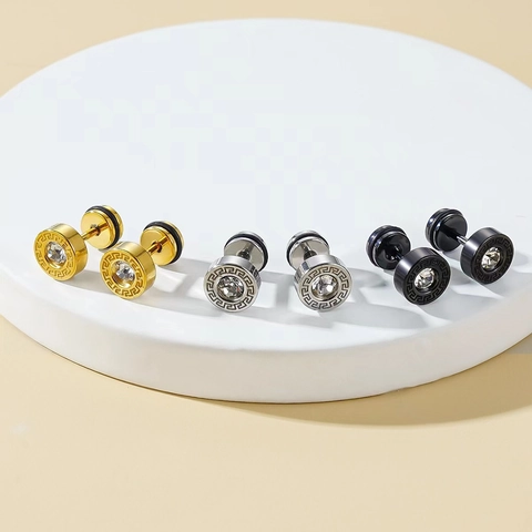 Round Stainless Steel Stud Earrings Greek Key Pattern Inlaid Rhinestone Center Barbell Trendy Unisex