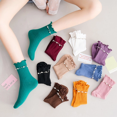 Chaussettes Mi-Mollet Pour Femmes Coton Tricot Côtes Bord Volanté Avec Künstliche Perles Couleur Unie Style Doux Japonais
