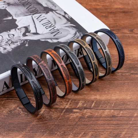 Men's PU Leather Bracelet With Feather Pattern Metal Magnetic Clasp Retro Fashion Wristband