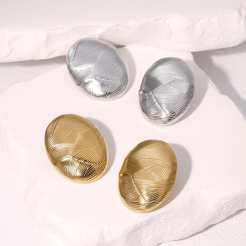 Pendientes De Botón Ovalados Geométricos De Acero Inoxidable Diseño De Líneas Texturizadas Joyería De Moda Para Mujer Estilo Elegante