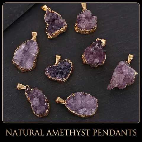 Natürlicher Unregelmäßiger Amethyst Rohstein Anhänger Halskette Vergoldeter Rand Heilkristall Druzy Quarz Schmuck