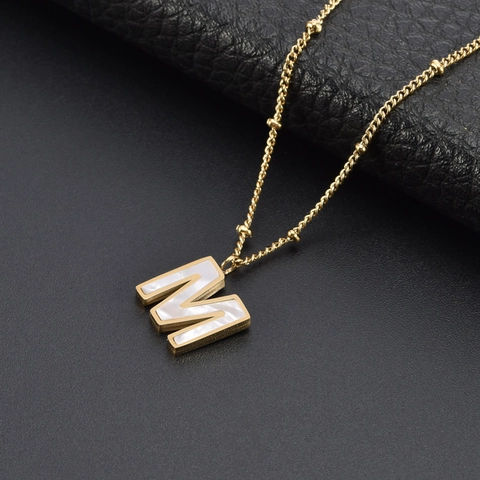 Letter M Initial Pendant Necklace Gold Plated Stainless Steel White Mother Of Artificial Pearl Shell Beaded Chain For Women