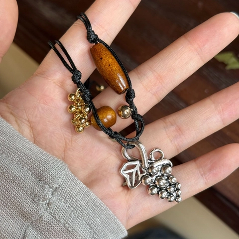 Grape Pendant Necklace Alloy Rhinestone Wood Beads Bohemian Vintage Retro Adjustable Black Wax Rope Women Jewelry