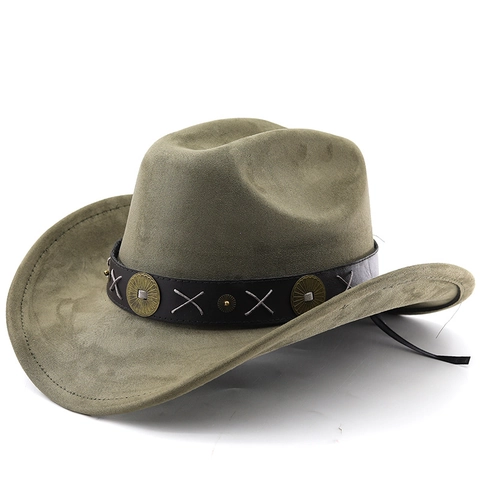 Western Cowboy Hat Suede Polyester Felt Wide Brim With Leather Band Metal Conchos Retro Style For Men Women