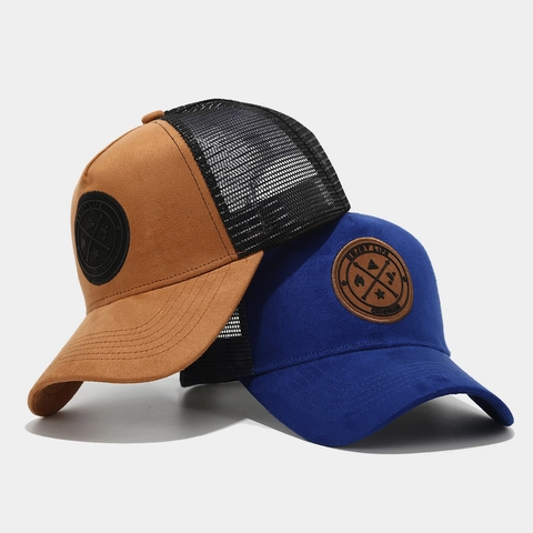 Trucker Hat Faux Suede Mesh Back Baseball Cap Breathable Sun Protection Adjustable Outdoor Unisex Leather Patch