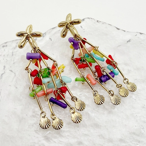 Bohemian Stainless Steel Starfish Shell Tassel Drop Earrings For Women Beach Vacation Long Dangle Earring Summer Jewelry