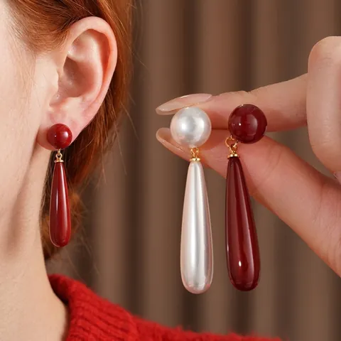 Pendientes Colgantes De Gota Con Resina Perla Artificial De Imitación Y Poste De Plata Largos Vintage Elegantes Para Mujeres