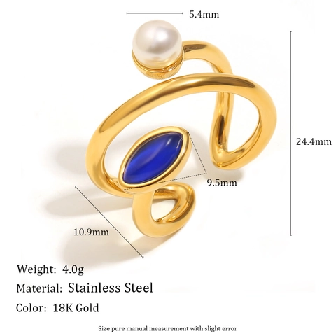Anillo Abierto Asimétrico Vintage De Acero Inoxidable Chapado En Oro De 18K Con Imitación De Perla Artificial Y Piedra Azul