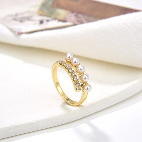 Baroque Minimalist Artificial Pearl Zirconia Adjustable Ring For Women Copper Gold Plated Open Ring Personalized Jewelry