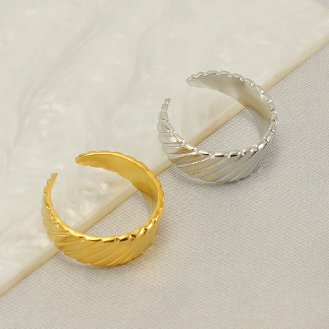 Fashion Striped Stainless Steel Open Adjustable Ring For Women 18K Gold Plated Spiral Texture Minimalist Wide Band Jewelry