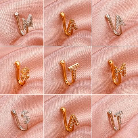 Non-Piercing Copper U-Shaped Nose Cuff With Zirconia Inlaid 26 English Alphabet Letters Gold Silver Fake Nose Rings Jewelry