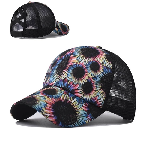 Women Ponytail Baseball Cap Cotton Mesh Back Opening Sunflower Print Adjustable Sun Hat Outdoor Sports