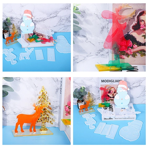 Christmas Silicone Molds For DIY Resin Epoxy Casting Reindeer Santa Snowman Tree Desktop Ornaments With Stand Base