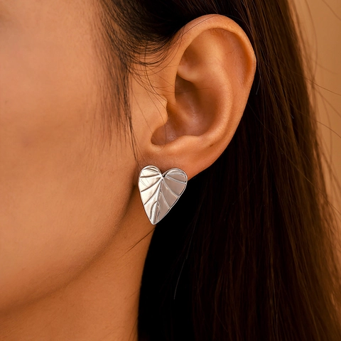Heart Shaped Leaf Texture Stud Earrings Stainless Steel PVD Plated Minimalist Nature Jewelry For Women