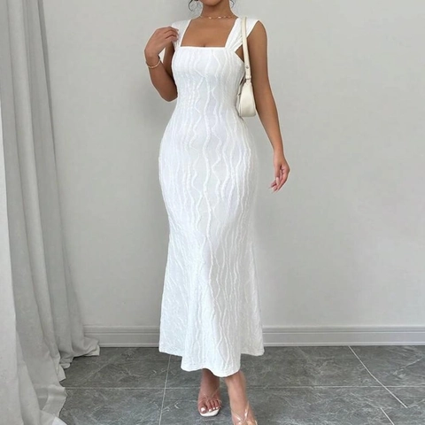 White Sexy Backless Criss-Cross Maxi Dress Square Neck Sleeveless Knit Milk Satin Ripple Textured Bodycon Elegant