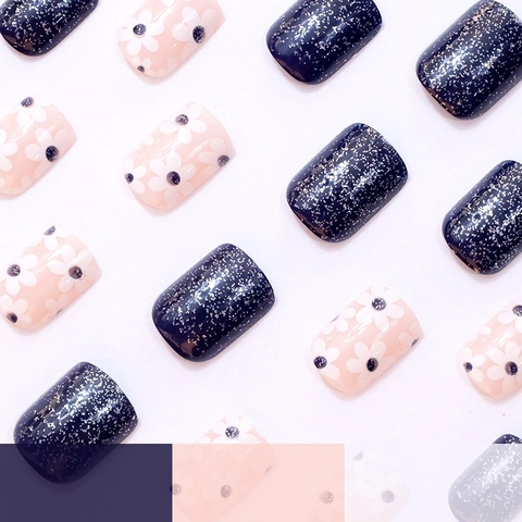 Floral Daisy And Glitter Press On Nails Short Square ABS Fake Nails For Women Artificial Finger Nails Tips
