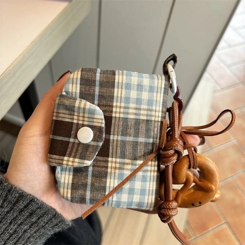 Retro Plaid Canvas Card Holder Multi Layer Zipper Coin Purse Small Portable Storage Pouch With Lanyard