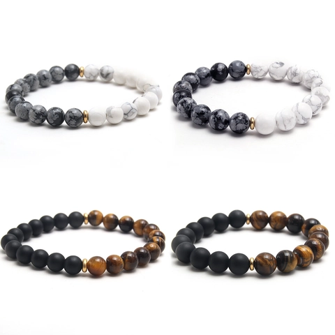 Natural Stone Beaded Bracelet With Stainless Steel Spacer Elastic Stretch Contrast Color Minimalist Fashion Jewelry Unisex
