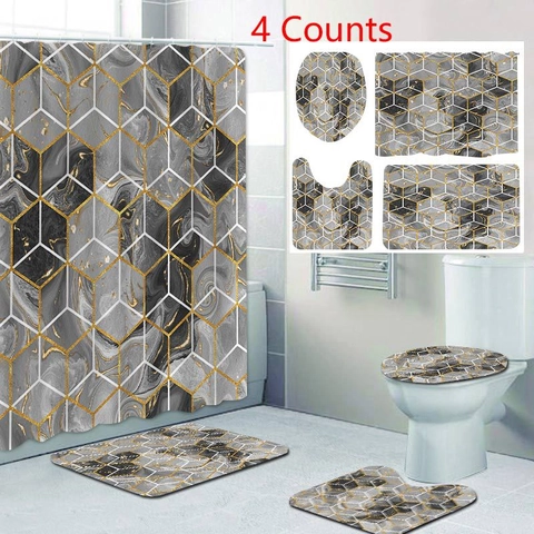 Marble Geometric Bathroom Shower Curtain Mat U-Shaped Rug And Toilet Lid Cover Waterproof Polyester Fabric Modern Decor