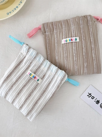 Pochette De Rangement À Cordon À Rayures Verticales En Tissu Sac À Maquillage Portable Organisateur De Bijoux