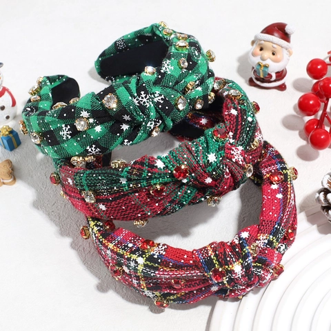 Christmas Headband Plaid Fabric Knotted Vintage Rhinestone Artificial Pearl Snowflake Pattern Holiday Party Hair Accessory Women