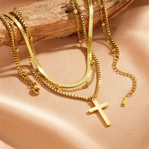 Women's Stainless Steel Three Layer Layered Necklace With Cross Pendant Gold Plated Snake Box Bead Chain Fashion Jewelry