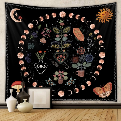 Tapestry Polyester Wall Hanging Moon Phases Tree Of Life Bohemian Vintage Botanical Gothic Skeleton Room Decor