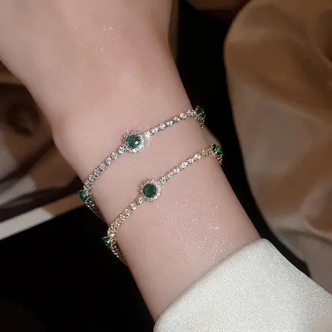 Pulsera Tennis Vintage Estilo Palacio Circonita Verde Esmeralda Cobre Plateado Exquisita Flor Halo Joyería Para Mujeres