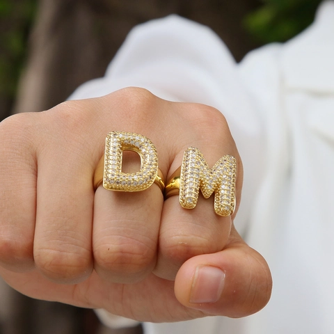 Bagues Lettre Initiale Plaqué Or 18K Cuivre Zirconium Pavé Ajustable Bague Ouverte Bijoux Hip Hop Pour Femmes