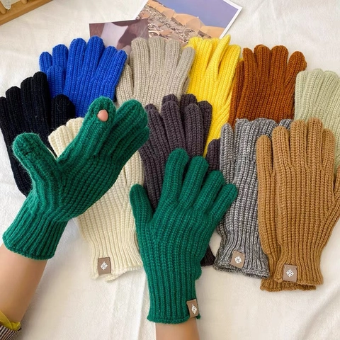 Guantes de Punto para Mujer Cálidos de Invierno Suaves de Mezcla de Lana Acrílica Mitones Con Bordado de Lazo para Accesorios de Diario al Aire Libre