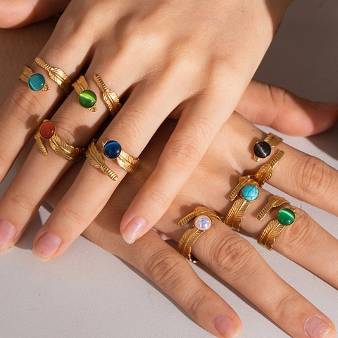 Vintage Titanstahl Feder Verstellbarer Ring Mit Naturstein 18K Vergoldet Luxusschmuck Für Damen Fingerring