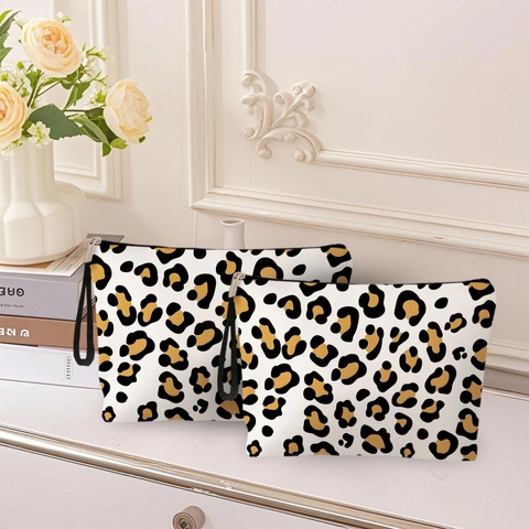 Leopard Print Cosmetic Bag Linen Texture Portable Makeup Pouch Zipper Wrist Strap Travel Toiletry Organizer Fashionable Storage Bag