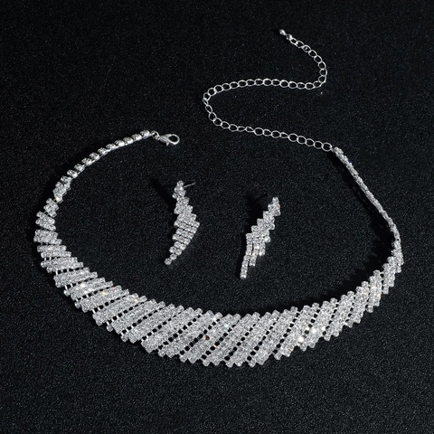 Collier Et Boucles D'oreilles En Strass Mariée Mariage Étincelant Ton Argent Alliage Bijoux Accessoires Femmes Élégant