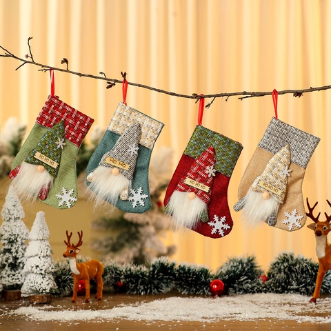 Calze Di Natale Lino Iuta Feltro Ornamento Da Appendere Decorazione Camino Cartone Animato Babbo Natale Pupazzo Di Neve Renna Orso Sacchetti Regalo