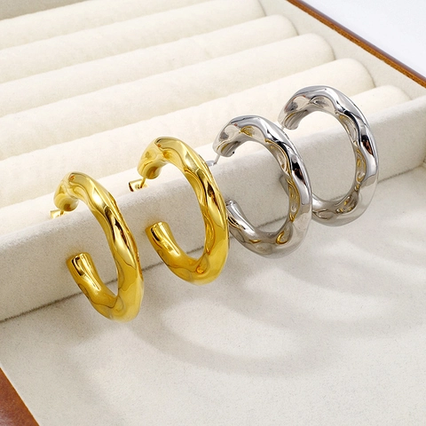 Orecchini a Cerchio in Acciaio Inossidabile Minimalisti per Donna Geometrici a Forma di U Onda Texture Martellata Oro Argento Gioielli