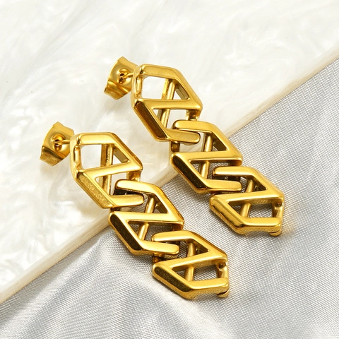 Interlocking Geometric Chain Drop Earrings 18K Gold Plated Stainless Steel Modern Hexagon Niche Design Jewelry Women