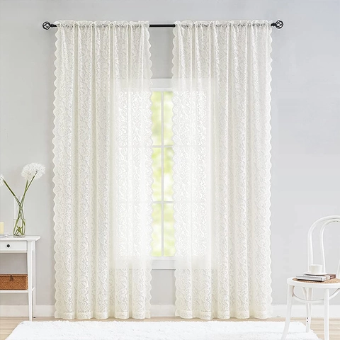 Lace Sheer Curtains Polyester Floral Damask Pattern Rod Pocket Window Treatments For Living Room Bedroom Balcony