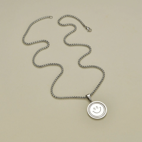 Pendentif Collier Acier Inoxydable Rotatif Double Face Sourire Et Visage Triste Chaîne Box Hip Hop Unisexe Bijoux