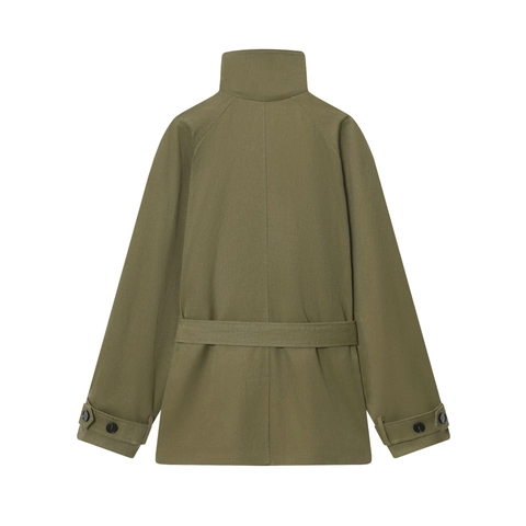 Women Military Style Trench Coat Jacket Stand Collar Belted Shoulder Epaulets Solid Color Cotton Blend Outerwear